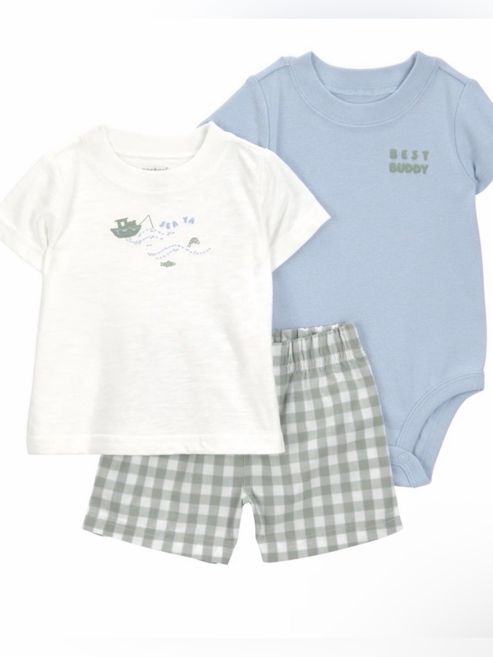 (133) 3-Piece Baby Set: Blue Bodysuit, White Tee & Green Gingham Shorts